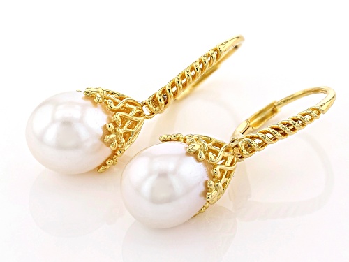 9-10mm White Cultured Freshwater Pearl 18k Yellow Gold Over Sterling Silver Earrings