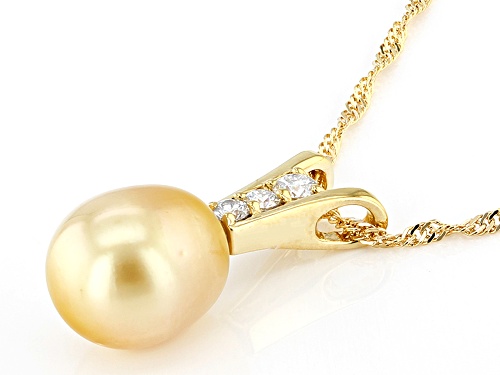 10mm Golden Cultured South Sea Pearl With Moissanite 18k Yellow Gold Over Silver Pendant/Chain