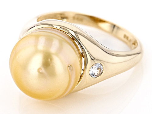 11mm Golden Cultured South Sea Pearl With White Zircon 14k Yellow Gold Ring - Size 9