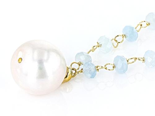 12-12.5mm White Cultured Freshwater Pearl & Aquamarine 18k Yellow Gold Over Silver Necklace - Size 18