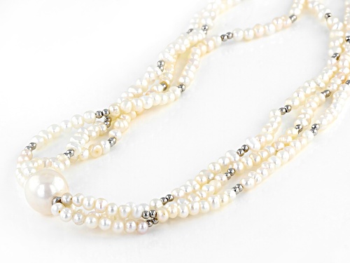 11-12mm & 3-4mm White Cultured Freshwater Pearl Rhodium Over Silver Multi-Row Necklace - Size 18