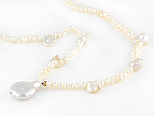 13-15mm & 2-5mm White Cultured Freshwater Pearl Rhodium Over Sterling Silver Necklace - Size 18