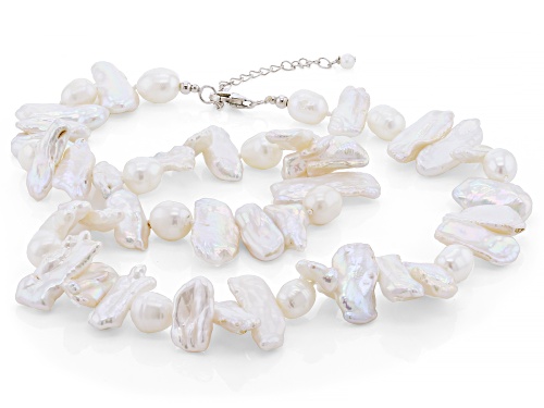 17mm & 4-5mm White Cultured Freshwater Pearl Rhodium Over Sterling Silver Necklace - Size 18