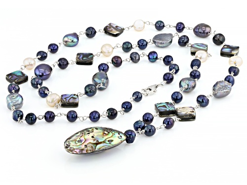 5-7mm & 8-10mm Blue Cultured Freshwater Pearl & Abalone Shell Rhodium Over Sterling Silver Necklace - Size 34