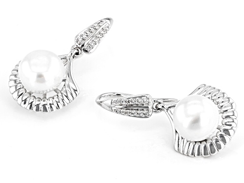 9.5mm White Cultured Freshwater Pearl With White Zircon Rhodium Over Sterling Silver Earrings
