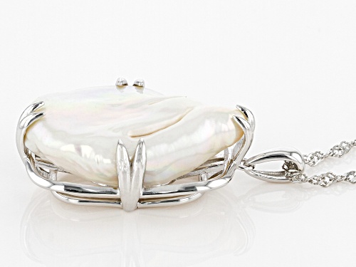 14mm White Cultured Freshwater Pearl Rhodium Over Sterling Silver Pendant with Chain