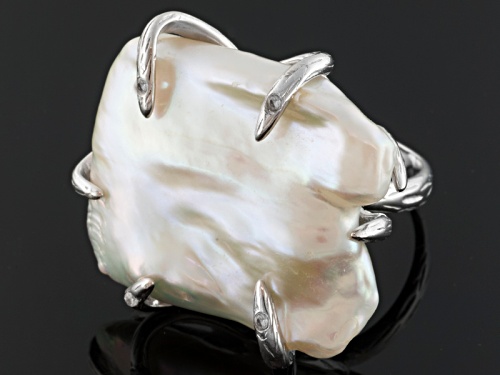 20mm White Cultured Freshwater Pearl With 0.08ctw White Topaz Sterling Silver Statement Ring. - Size 5