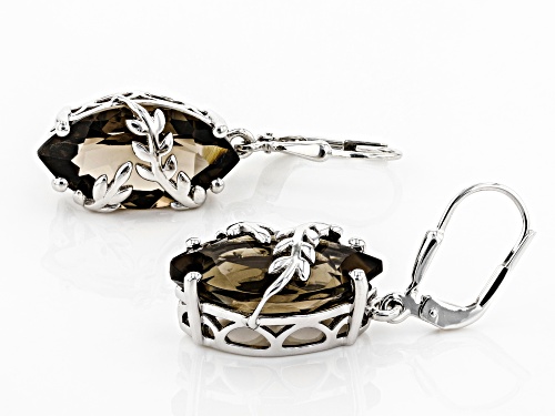11.50ctw Marquise Smoky Quartz Solitaire, Rhodium Over Sterling Silver Leaf Detail Dangle Earrings