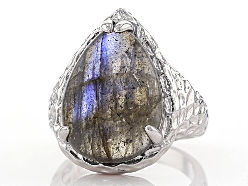 18x13mm Pear Shape Cabochon Labradorite Rhodium Over Sterling Silver Solitaire Ring - Size 8