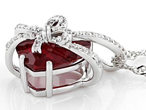 12mm Lab Created Ruby with Round White Zircon Rhodium Over Sterling Silver Heart Slide With Chain