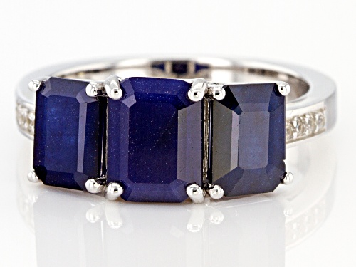 2.75ctw Emerald Cut Blue Sapphire & .09ctw White Zircon Rhodium Over Sterling Silver 3-Stone Ring - Size 7