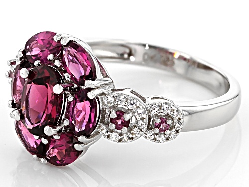 2.76ctw Oval And Round Raspberry Color Rhodolite With .11ctw Zircon Rhodium Over Silver Ring - Size 8