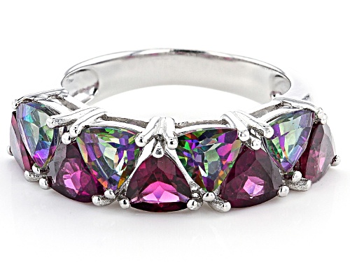 4.29ctw Trillion Raspberry Color Rhodolite And Mystic Fire(R) Topaz Rhodium Over Silver Band Ring - Size 7