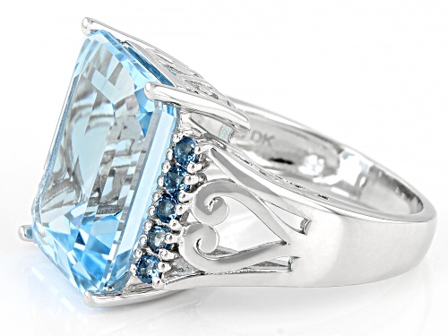 11.73ct Emerald Cut Glacier Topaz™ With .34ctw Round London Blue Topaz Rhodium Over Silver Ring - Size 7