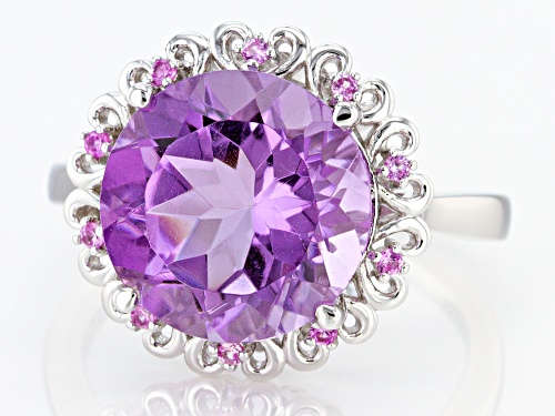 5.27ct Round Rose de France Amethyst With .17ctw Lab Created Sapphire Rhodium Over Silver Halo Ring - Size 8