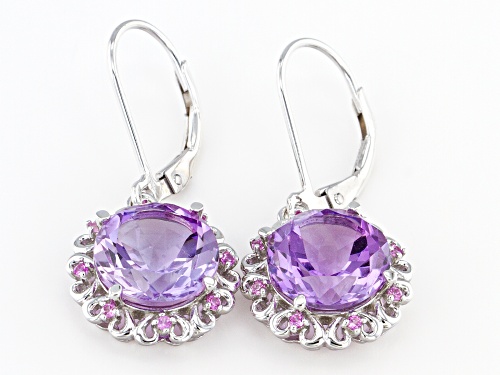 5.95ctw Round rose de France Amethyst With .14ctw Lab Created Sapphire Rhodium Over Silver Earrings