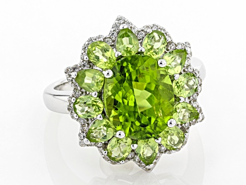 5.82ctw Oval and Pear Shape Manchurian Peridot™ with .43ctw White Zircon Rhodium Over Silver Ring - Size 9