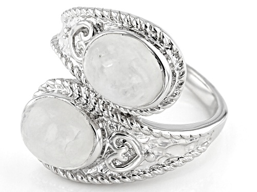 9X7MM OVAL RAINBOW MOONSTONE RHODIUM OVER STERLING SILVER 2-STONE BYPASS RING - Size 7