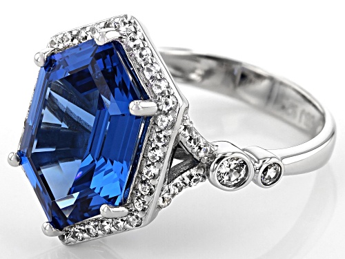 5.72ct Hexagon Lab Created Blue Spinel With 1.72ctw Zircon Rhodium Over Silver Ring - Size 8
