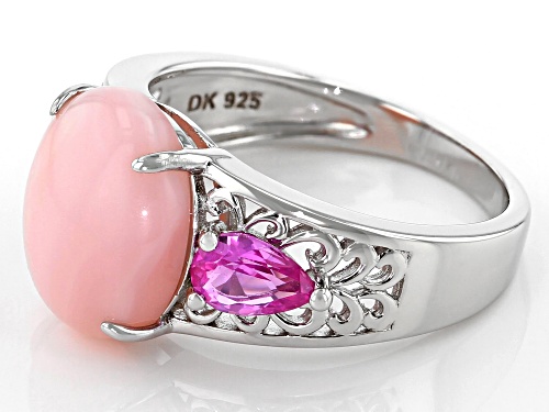 12x10mm Oval Pink Opal With .71ctw Lab Created Pink Sapphire Rhodium Over Silver 3-Stone Ring - Size 8