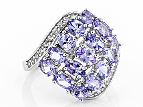 2.30ctw Oval And Round Tanzanite With .26ctw Zircon Rhodium Over Silver Cluster Ring - Size 8