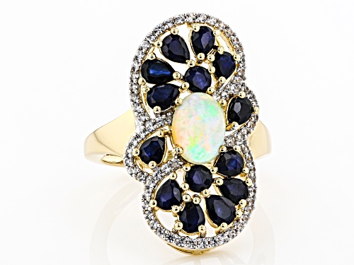 .71ct Oval Ethiopian Opal, 2.12ctw Blue Sapphire And .31ctw Zircon 18k Yellow Gold Over Silver Ring - Size 8