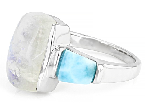 14x8mm Rainbow Moonstone with 6x6mm Larimar Rhodium Over Sterling Silver Ring - Size 7