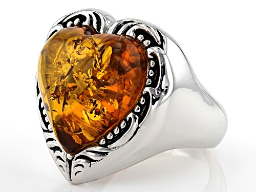 15x15MM HEART SHAPE AMBER SOLITAIRE, RHODIUM OVER STERLING SILVER RING - Size 7