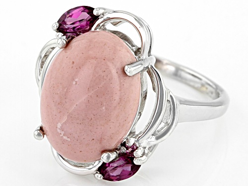 14x10mm Oval Pink Mookaite with .38ctw Round Raspberry Color Rhodolite Rhodium Over Silver Ring - Size 7