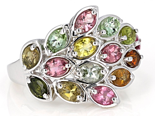 2.42ctw Oval Multi-Tourmaline Rhodium Over Sterling Silver Cluster Ring - Size 8