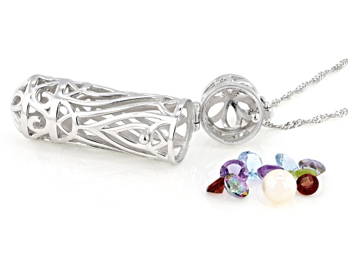3.99ctw Multi-Gemstone with Cultured Freshwater Pearl Rhodium Over Silver Prayer Box Pendant /Chain
