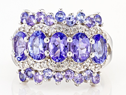 1.91ctw Oval and .68ctw Round Tanzanite with .36ctw White Zircon Rhodium Over Silver Band Ring - Size 7