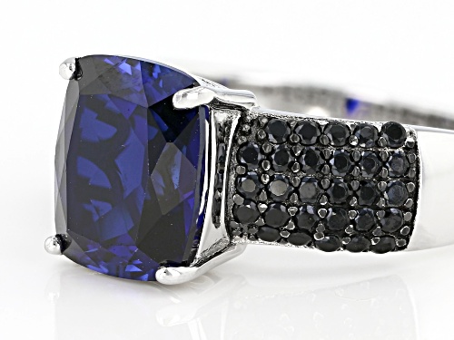 4.25ct square cushion Lab Created sapphire and 0.29ctw Black Spinel Rhodium Over Silver ring - Size 8