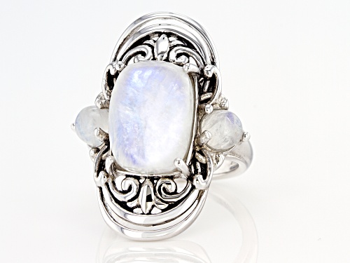 Rectangular Cushion and Round Rainbow Moonstone Rhodium Over Sterling Silver 3-Stone Ring - Size 7