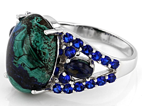 14x10mm & 5x3mm Oval Azurmalachite and .72ctw Round Lab Created Spinel Rhodium Over Silver Ring - Size 8