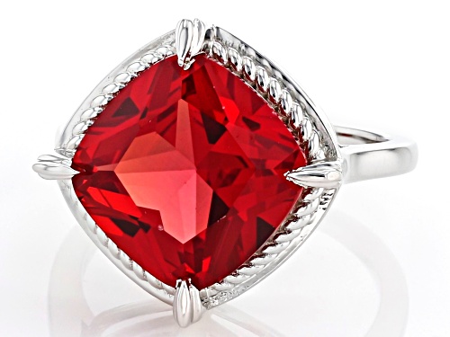 8.42ct Square Cushion Lab Created Padparadscha Sapphire Rhodium Over Silver Solitaire Ring - Size 8