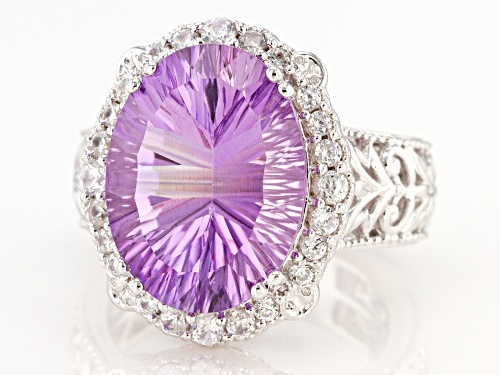 7.22ct Oval Quantum Cut® Rose de France Amethyst With .63ctw Zircon Rhodium Over Silver Ring - Size 9