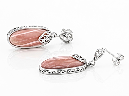 23x10mm Oval Pink Mookaite Solitaires, Rhodium Over Sterling Silver Dangle Earrings