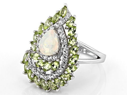 .53ct Ethiopian Opal with 1.42ctw Manchurian Peridot™ & .59ctw White Zircon Rhodium Over Silver Ring - Size 8