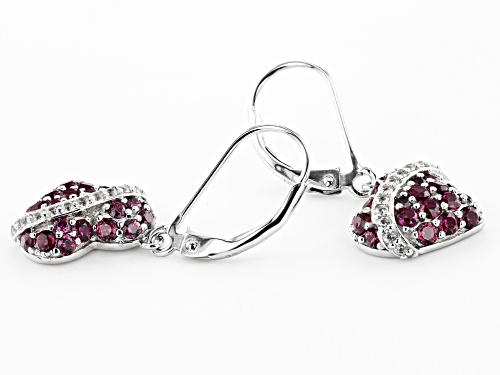 1.65ctw round raspberry color rhodolite with 0.23ctw zircon rhodium over silver heart earrings