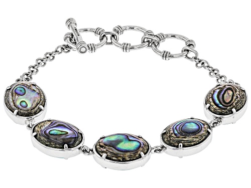 16x12mm oval cabochon Turquoise and 16x12mm Abalone Shell Rhodium Over Silver Reversible Bracelet - Size 7.25