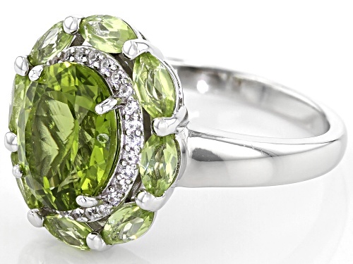 2.29ct Oval and 1.00ctw Marquise Manchurian Peridot(TM), .17ctw Zircon Rhodium Over Silver Ring - Size 8
