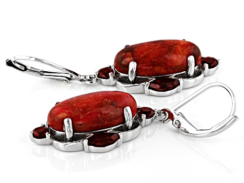 16X8mm Oval Sponge Coral and 1.63ctw Garnet Rhodium Over Sterling Silver Earrings