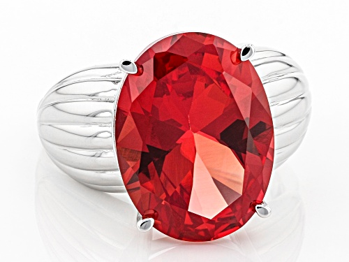 9.06ct Oval Lab Created Padparadscha Sapphire Rhodium Over Silver Solitaire Ring - Size 8