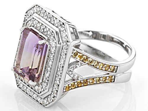 2.79ct  Ametrine with 0.81ctw round Citrine and White Zircon Rhodium over Silver Ring - Size 8