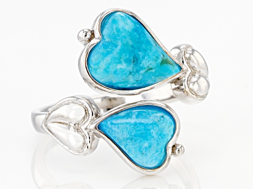 Fancy Heart Shape Composite Turquoise Rhodium Over Sterling Silver Bypass Ring - Size 6
