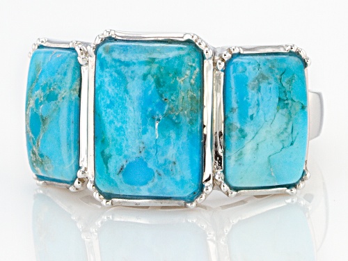 12x8mm and 10x6mm Rectangular Octagonal Turquoise Rhodium Over Silver 3-Stone Ring - Size 7