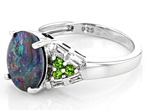 11x9mm Australian Opal Triplet, .21ctw Chrome Diopside & .29ctw White Topaz Rhodium over Silver Ring - Size 8