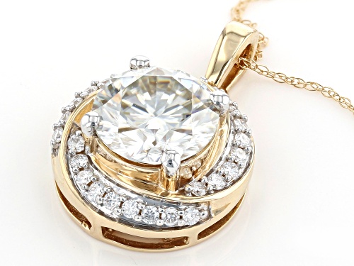 MOISSANITE FIRE(R) 2.97CTW DEW ROUND 14K YELLOW GOLD PENDANT AND ROPE CHAIN