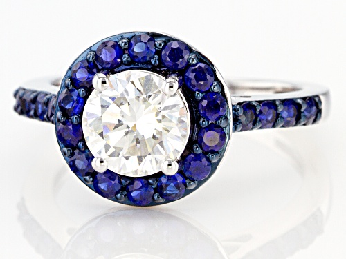 MOISSANITE FIRE(R) 1.20CTW DEW AND .99CTW BLUE SAPPHIRE 14K WHITE GOLD RING - Size 8